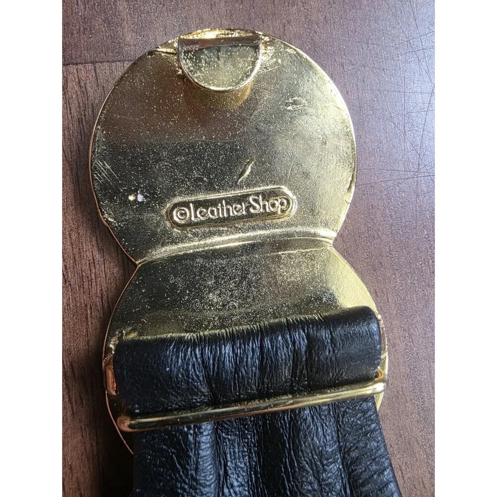 Vintage Leather Shop Black Leather Belt Gold Coin Medallion Roman Greek Bust